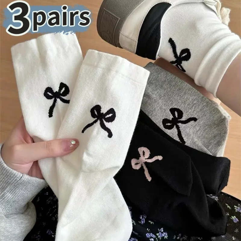 

3Pairs Bow Long Socks Winter Women Girls Versatile Sweet Loose In Tube Socks Cute Soft Comfortable Stockings Fashion Accessories