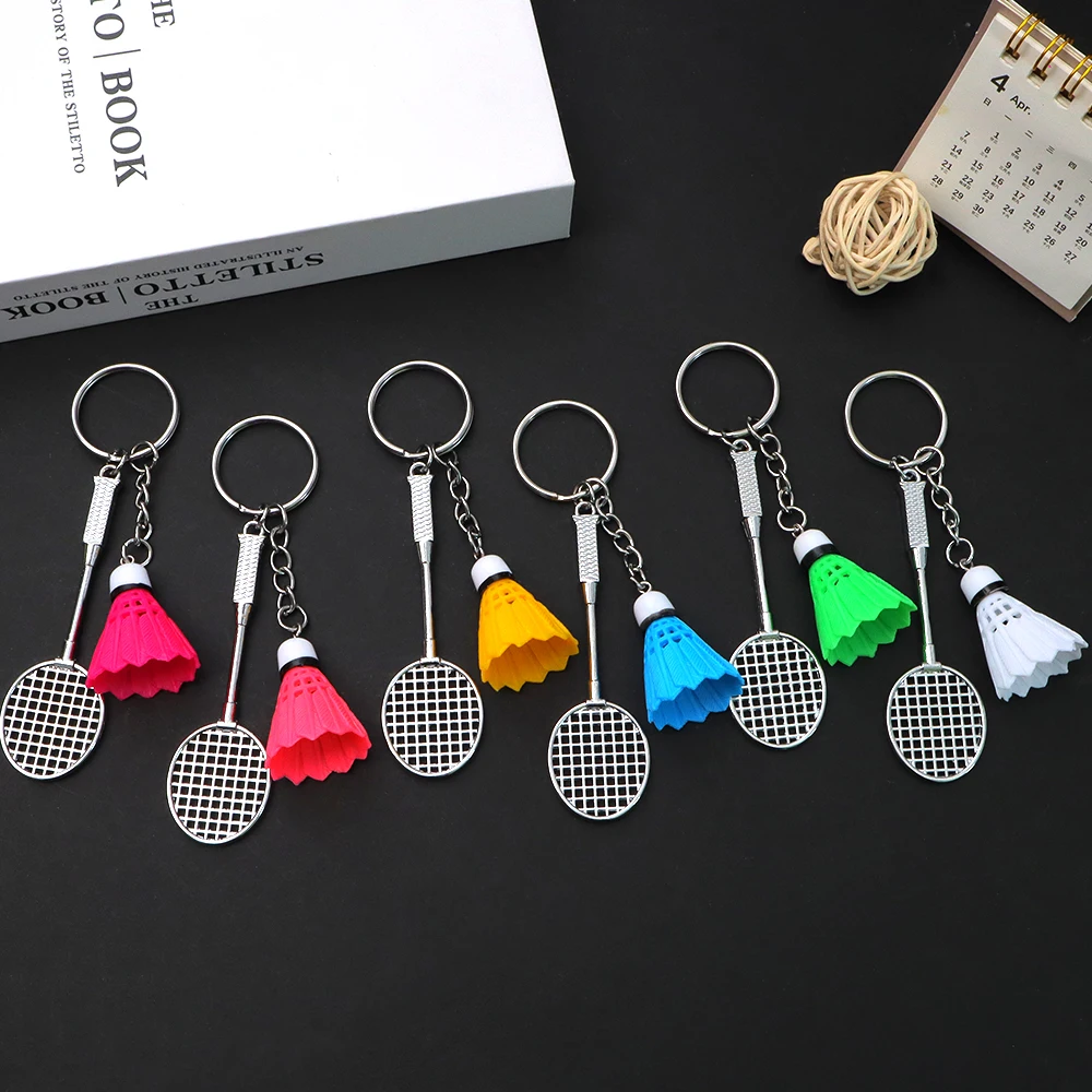 Colorful Badminton Keychain Metal Simulation Racket Keyring Sports Letter Webbing Pendant Car Backpack Ornaments Fans Souvenir