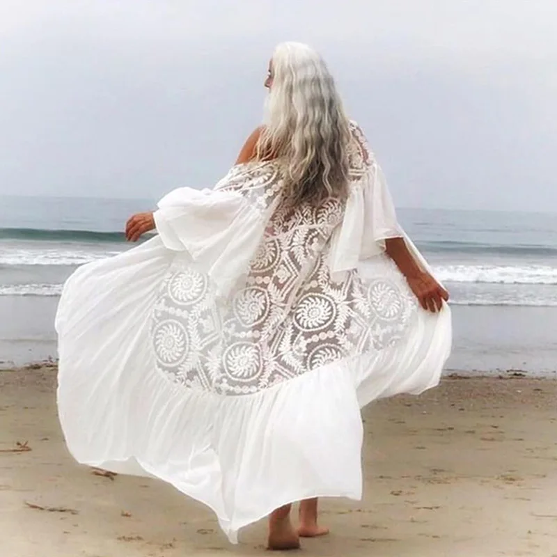 

Para Praia шифоновое кимоно пляжный халат купальник накидка пляжная одежда платье с длинными рукавами саронг женский свободный кардиган пляжное платье