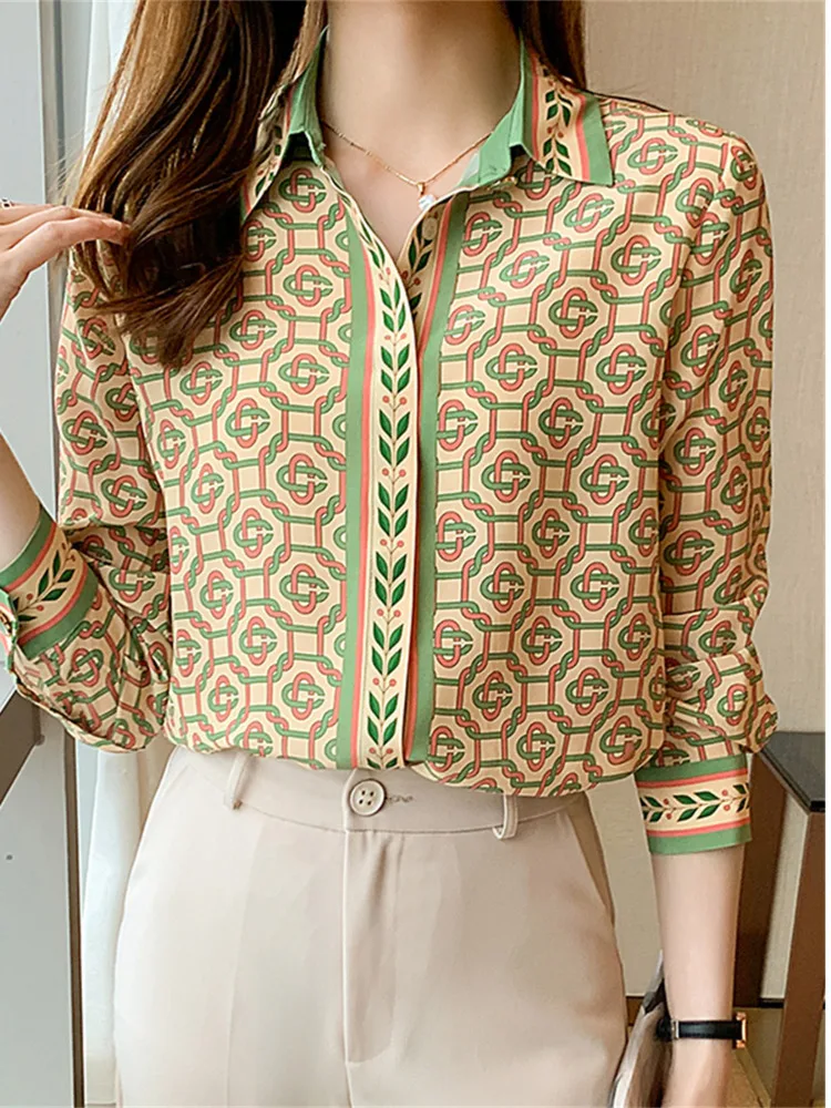 #3105 France Style Vintage Print Office Shirts Long Sleeve Loose Satin Shirt Women Turn-down Collar Office Elegant Retro Blouse