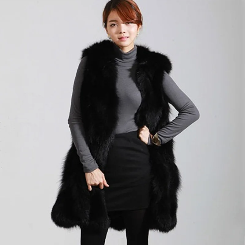 Black Fox Fur Warm Mid Length Hooded Fur Vest Women's Popular Vest Jacket