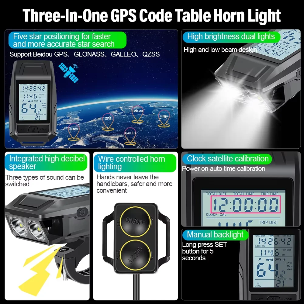 GPS Bike Headlight Speedometer Horn 3 in 1 Multifunctional Rechargeable Bicycle Front Lamp Cycling Computer MTB Bike Accessories