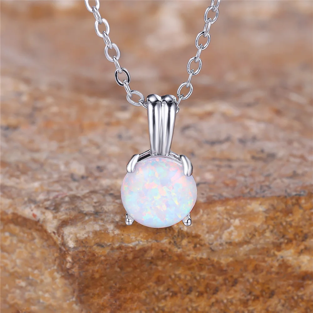 Female White Opal Stone Round Pendant Necklace Vintage Silver Color Wedding Jewelry For Women