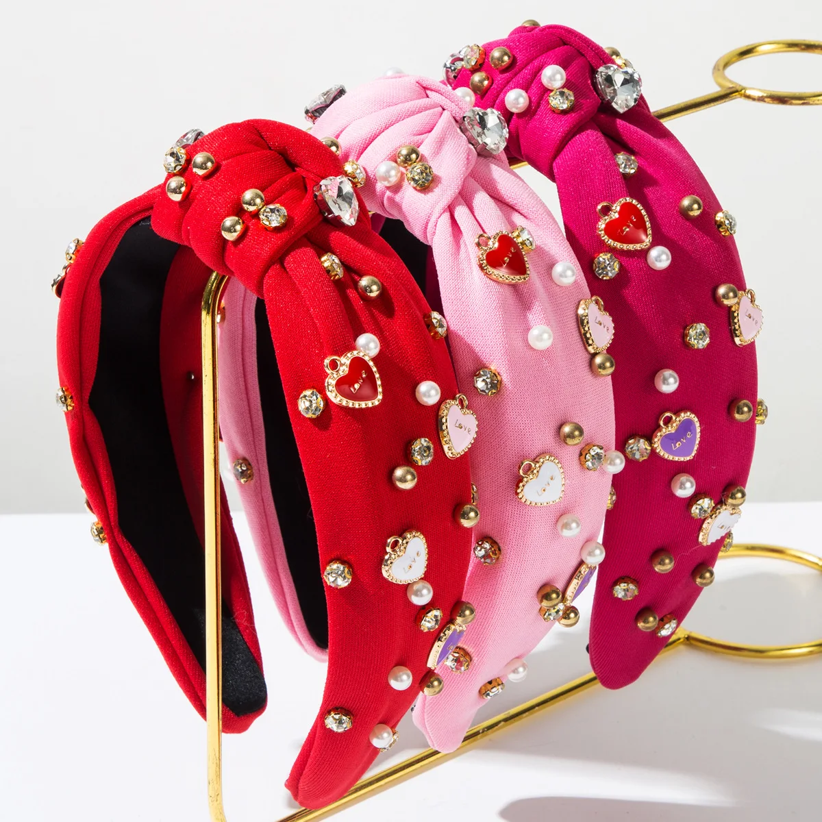 New Women Knotted Headband Heart Enamel Charm Pearl Rhinestone Decor Wide Fabric Hair Hoop Valentine Party Hair Accessories