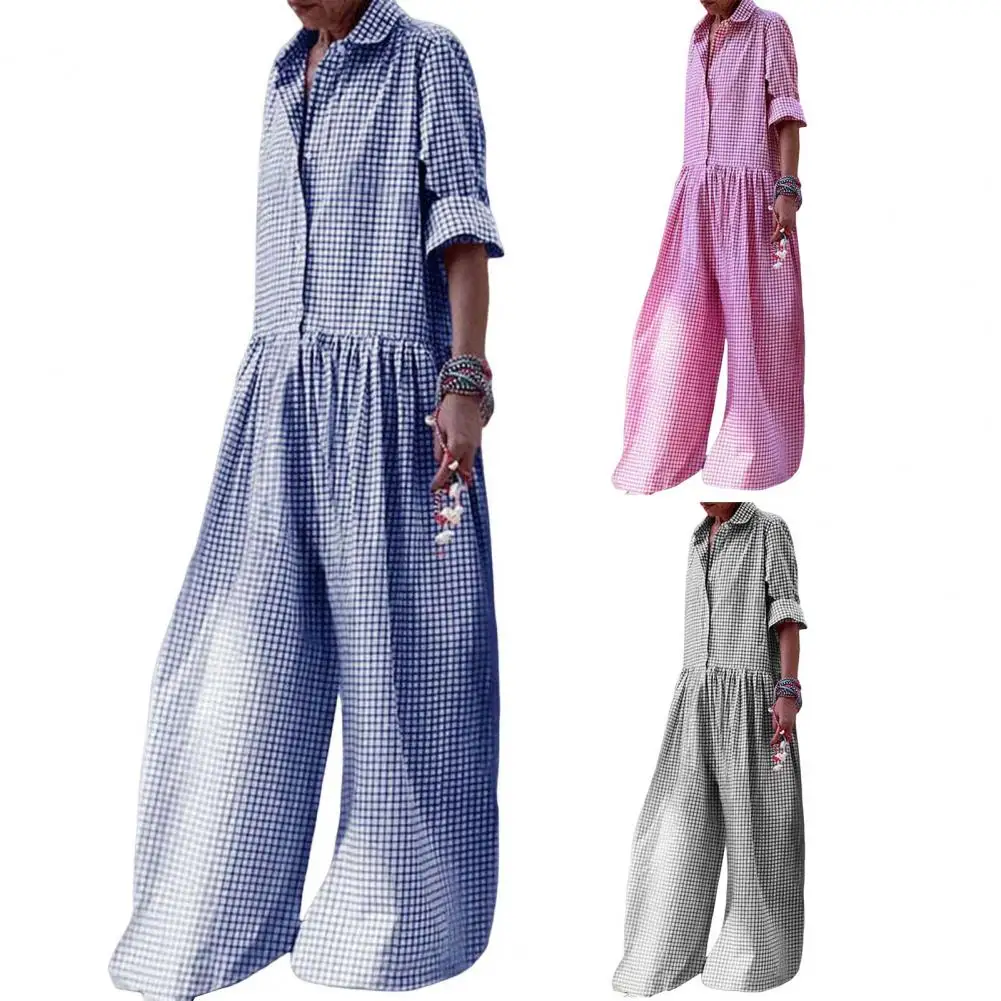 1Pc Fall Soft Jumpsuit Turn-down Collar Loose Fit Women Plaid Jumpsuit Check Print Wide Leg Jumpsuit with Long Sleeves for Women