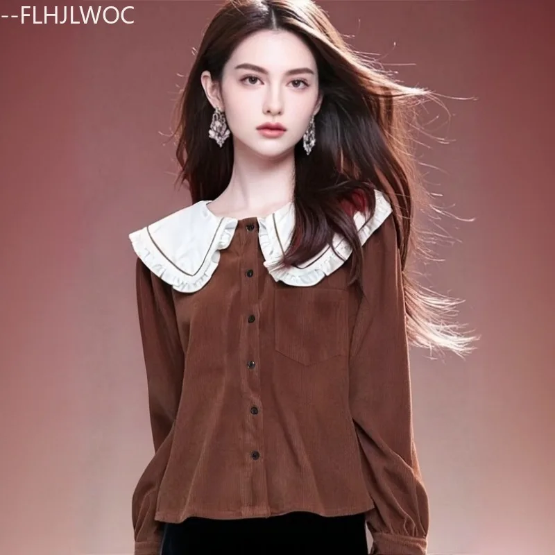 

Cute Peter Pan Collar Tops Blouses Japan Girls Woman Autumn Spring Short Basics Shirts Preppy Style Retro Vintage Corduroy Top
