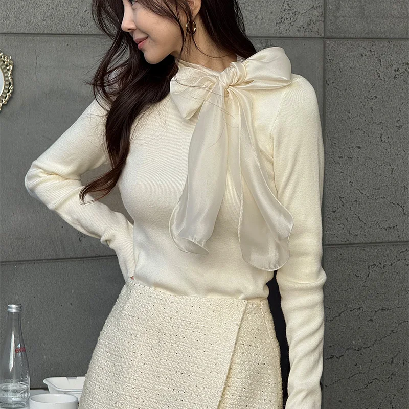 

Шикарный ранний весенний антивозрастной вязаный топ в стиле ретро с завязками, женская облегающая футболка, корейская футболка с длинным светом