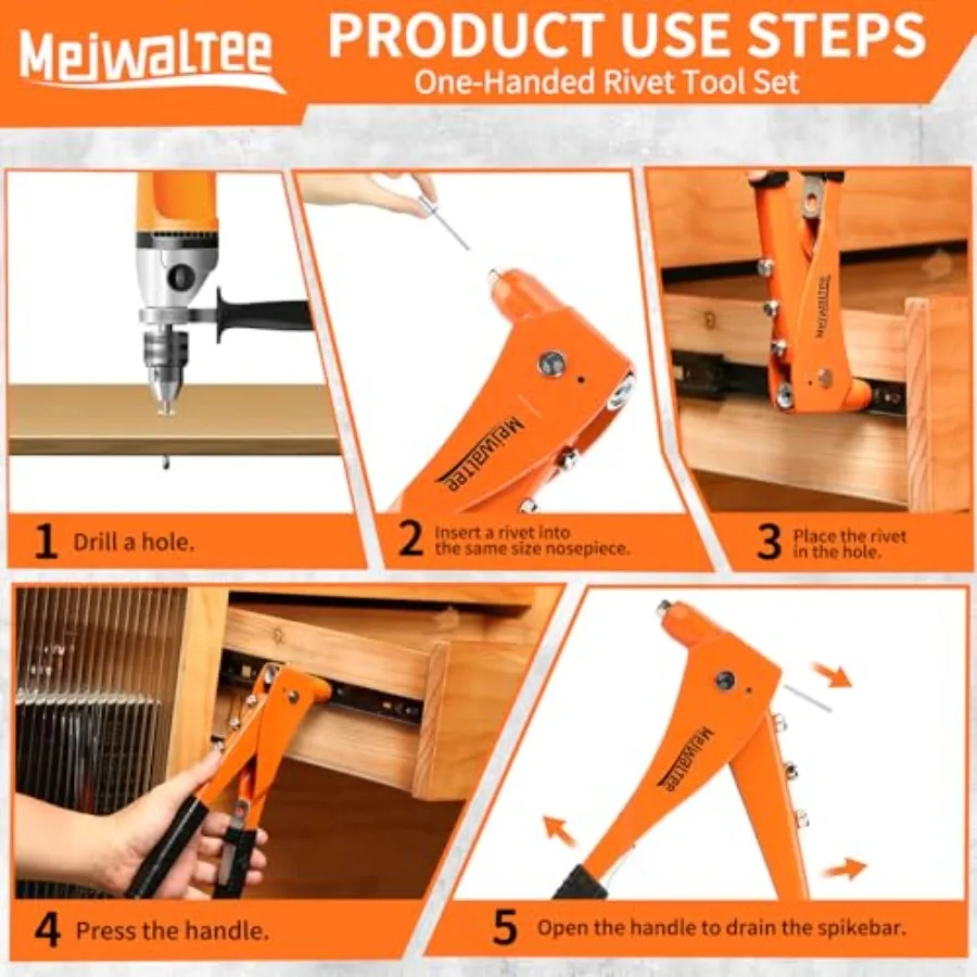 プロ仕様のアルミニウム合金リベットガン、200個のリベットと4つのドリルビット付き、ヘビーデューティーな手動リベット打ちに最適、4つの交換可能なヘッド