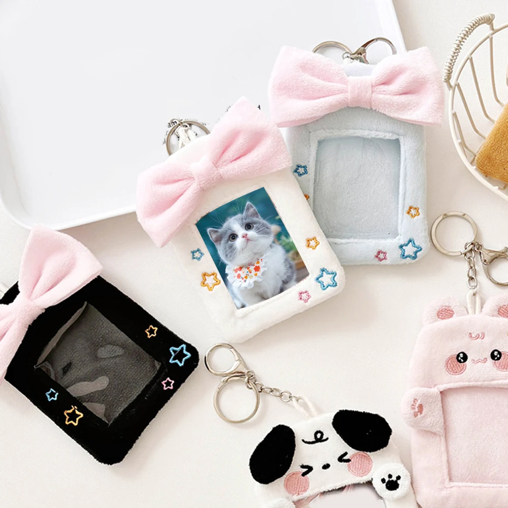 Cute Plush Photocard Holder Transparent Card Sleeve With Keychain For Girls Bowknot Decor Photo Protective Case Card Cover