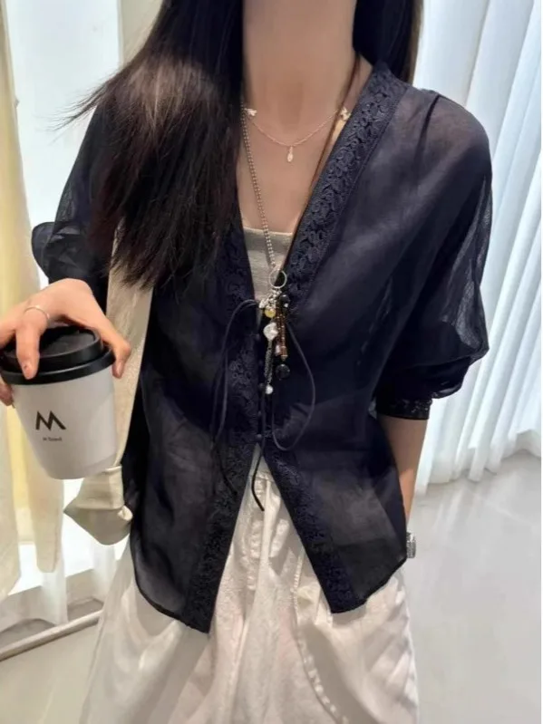 

Ele V-ne Lace Trim ort Sve Open Cardigan Women's Loose Fit Thin Summer irt Commute Sle Batwing Sve