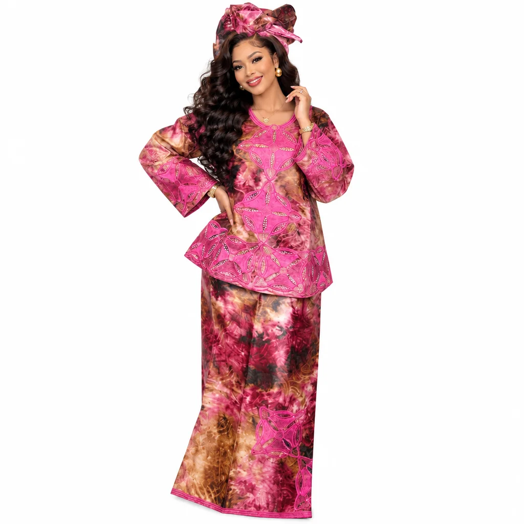 African Dresses For Women Plus Size Bazin Riche Embroidery Design Long Dress With Scarf