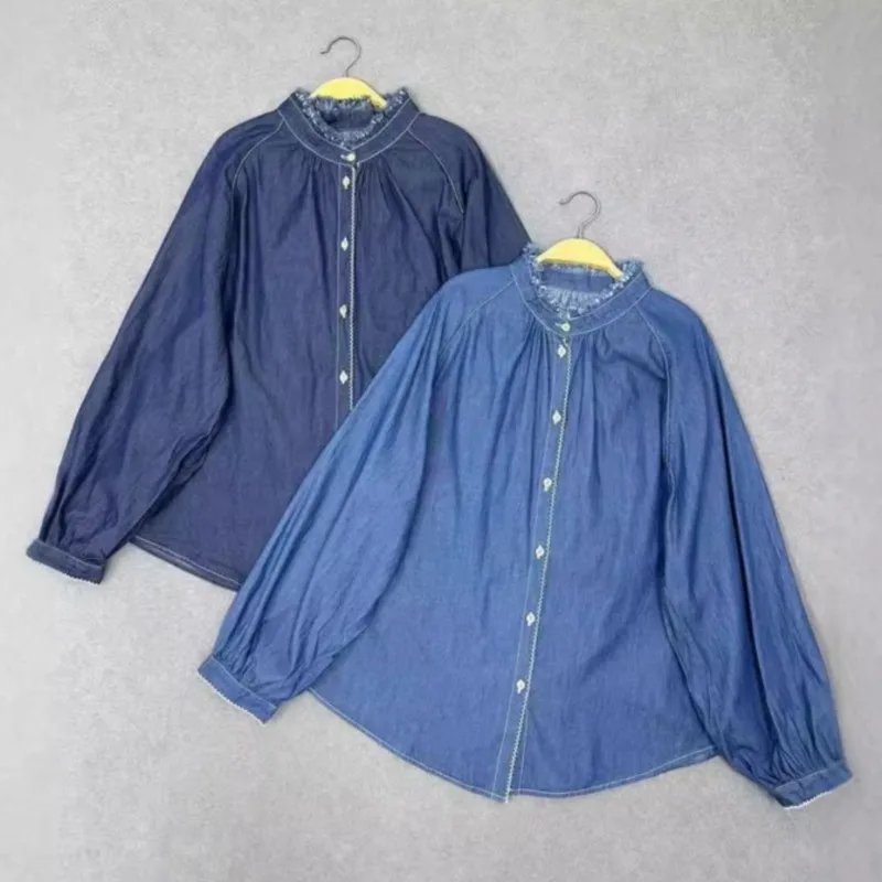 

Johnature Fall 2024 New Casual Lace Denim Shirts Ruffles Collar Loose Simple Vintage Denim Thin Shirts