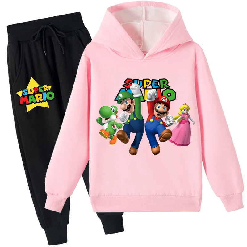 Roupas de 2 peças com capuz e calças jogger forradas de lã para jovens, moletom escovado Super Mario, tops de algodão para 2 a 14 anos