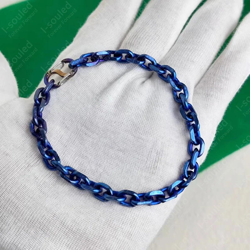 I-Souled 7 MM Pure Titanium Oval Chain Bracelet for Men Women Ice Cut Blue Color Fashion Jewelry 2024 Summer Gift