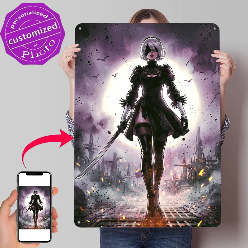 2B With Sword in Ruined City 3D Printed Texture Poster Personalized Wall Art Retro Metal Tin Signs for Room Decoration Cozy Home
