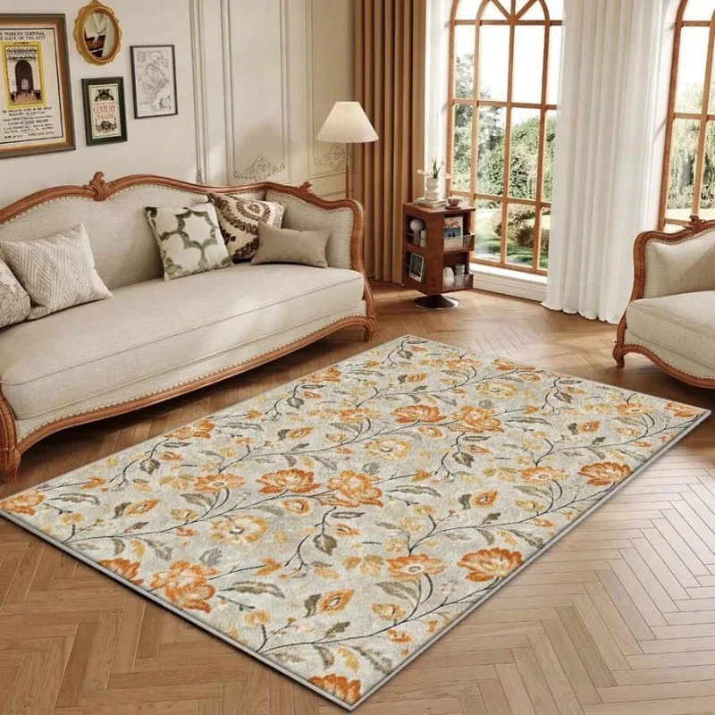 Velvet Material With Non-Slip Plastic Backing. Extra-Thick Oversized Plush Cushion Featuring Vintage Floral Pattern In Orange