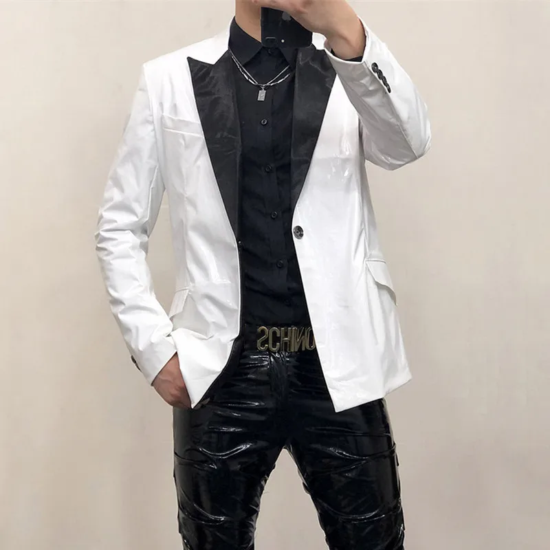 Мужской кожаный пиджак по индивидуальному заказу, черный, белый цвет, приталенный повседневный костюм для вечеринок, куртка для певца, ночного клуба, бара, концерта, сценического пальто