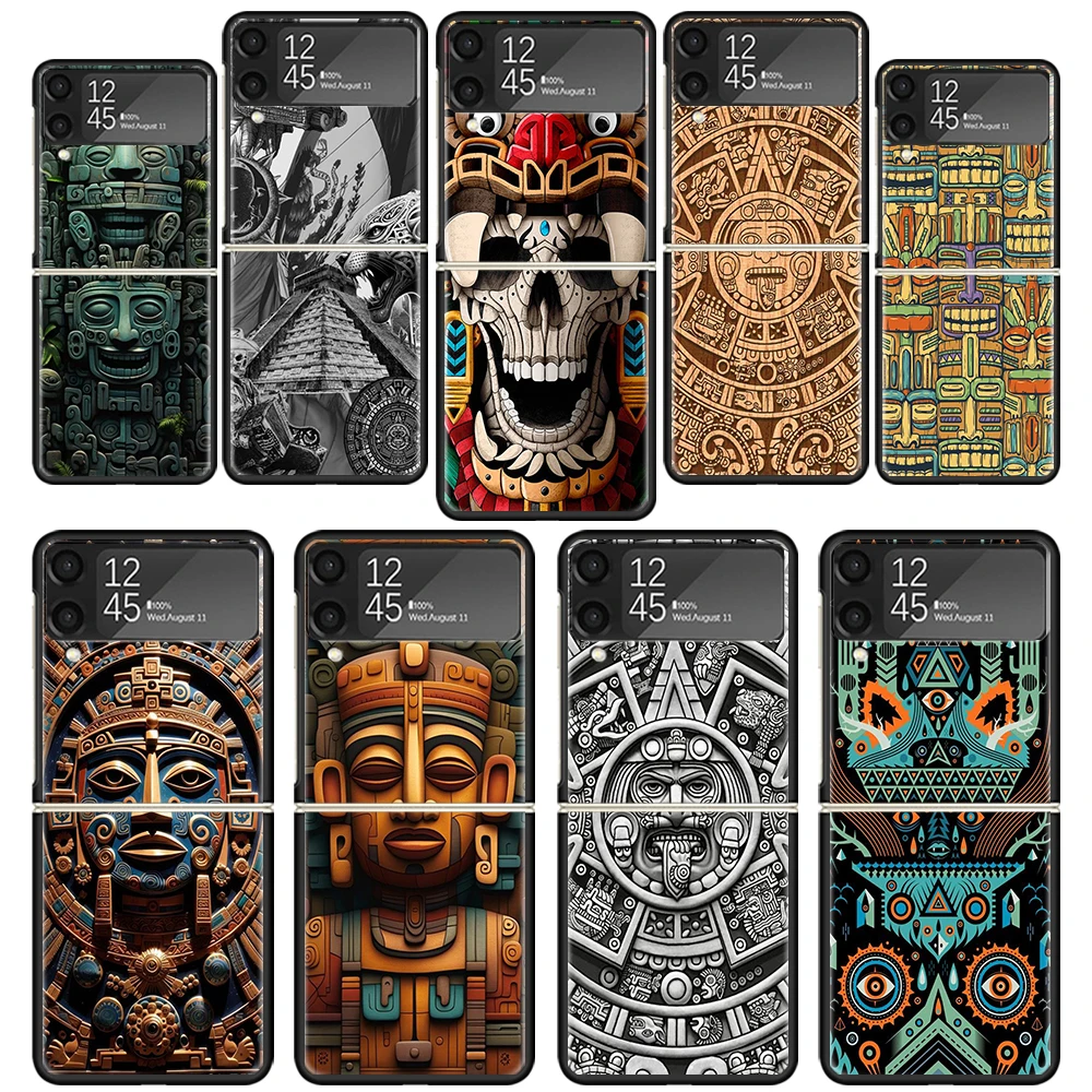 Mayan Stone Totem Pole Phone Case for Samsung Galaxy Z Flip 6 5 4 3 5G Black Hard Cover ZFlip6 ZFlip5 ZFlip4 ZFlip3 Fundas Coque