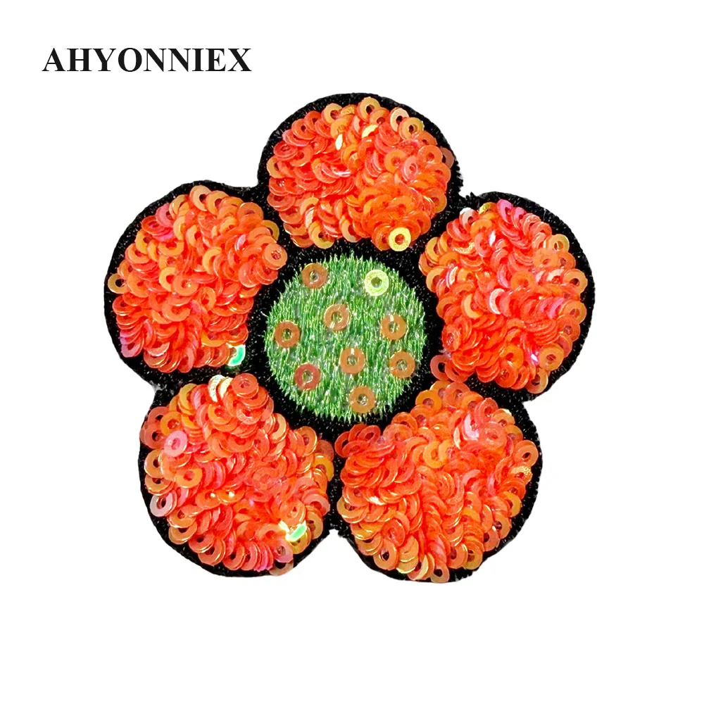 5 stks/partij 6 CM * 6 CM Shining Roze Groen Geel Blauw Oranje Pailletten Bloem Parch Voor Kostuum Jurk jas Ijzer Op Patch voor Kleding