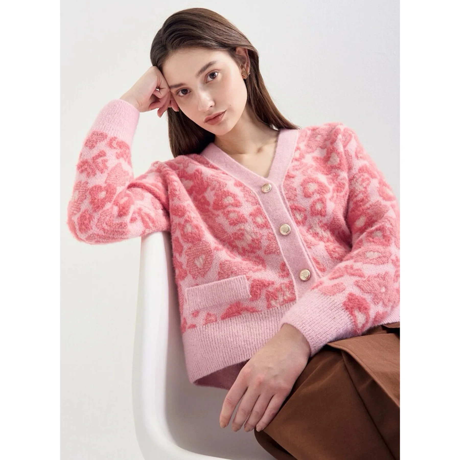 

Lemon Cheese LAN25 Autumn Faion Ele V-ne 3D Floral Commute Versatile Wool Knitted Open Cardigan Women's Knitted Sweater