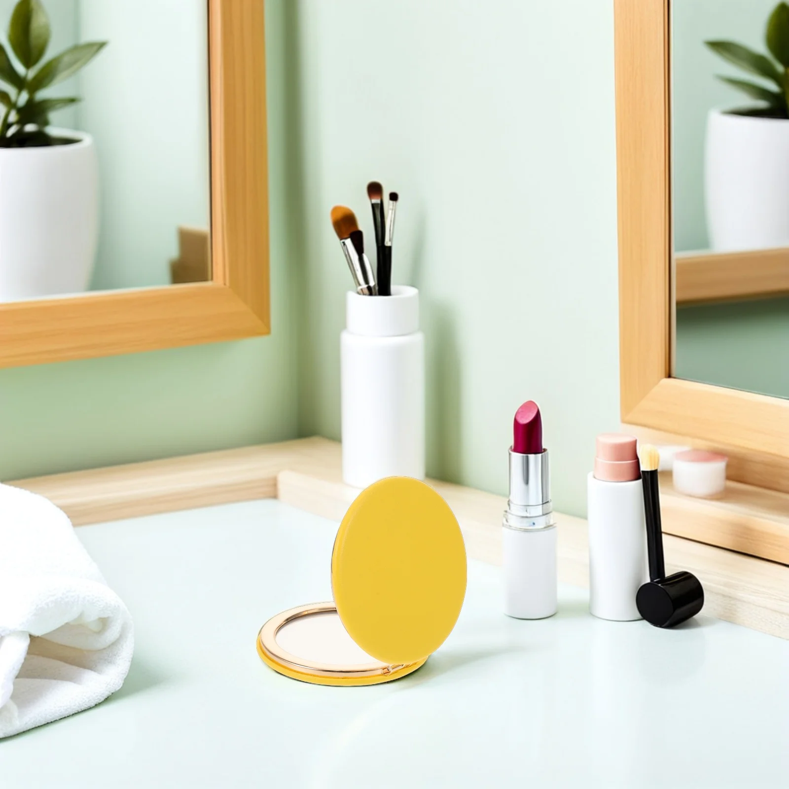 

62mm Round Folding Metal Double-Sided Compact Mirror Portable Pocket Mini Makeup Travel Mirror Stylish Yellow Texture