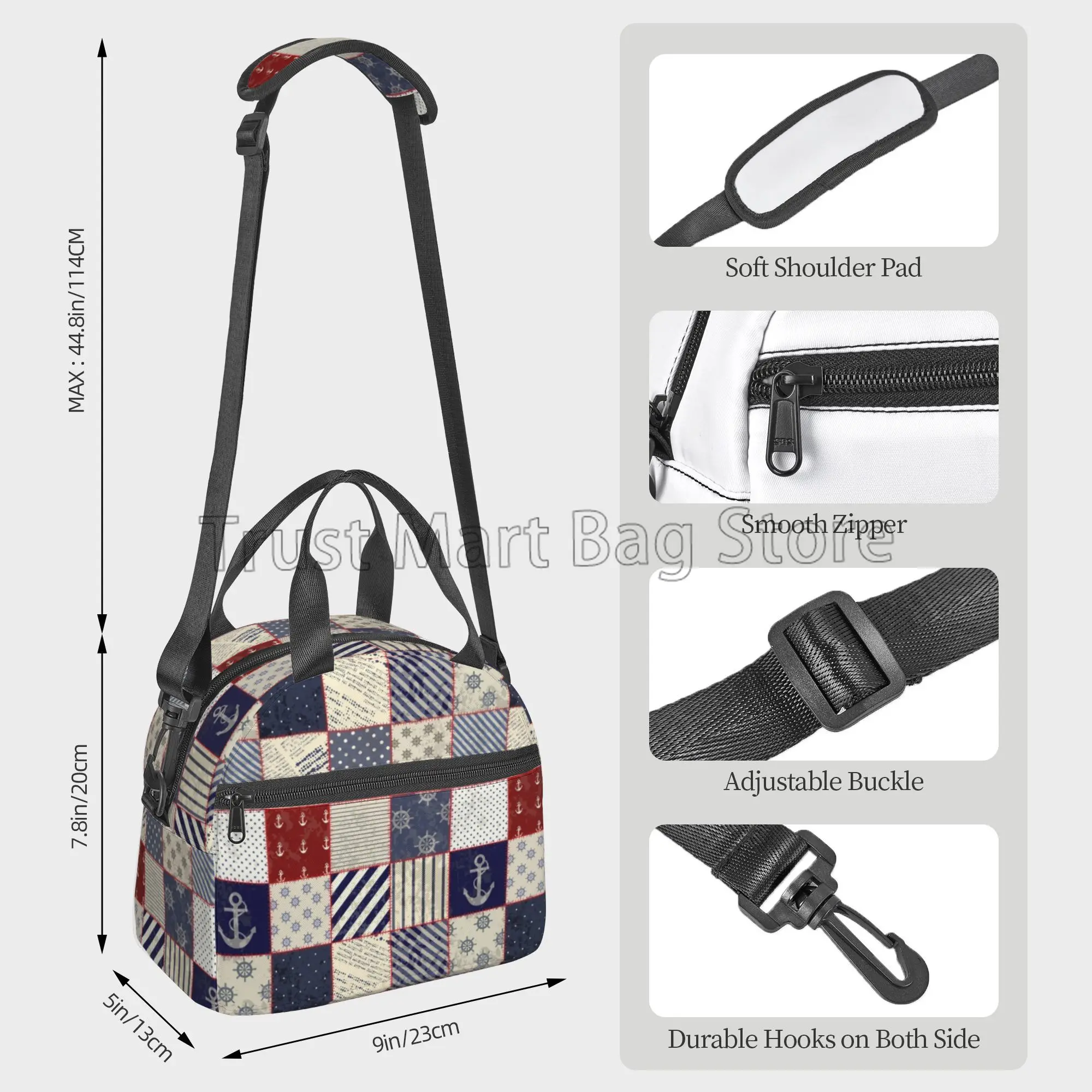 Maritime and Nautical Life Design with Vintage Sailor Knot Anchor Insulated Lunch Bag Thermal Bento Totes with Adjustable Strap