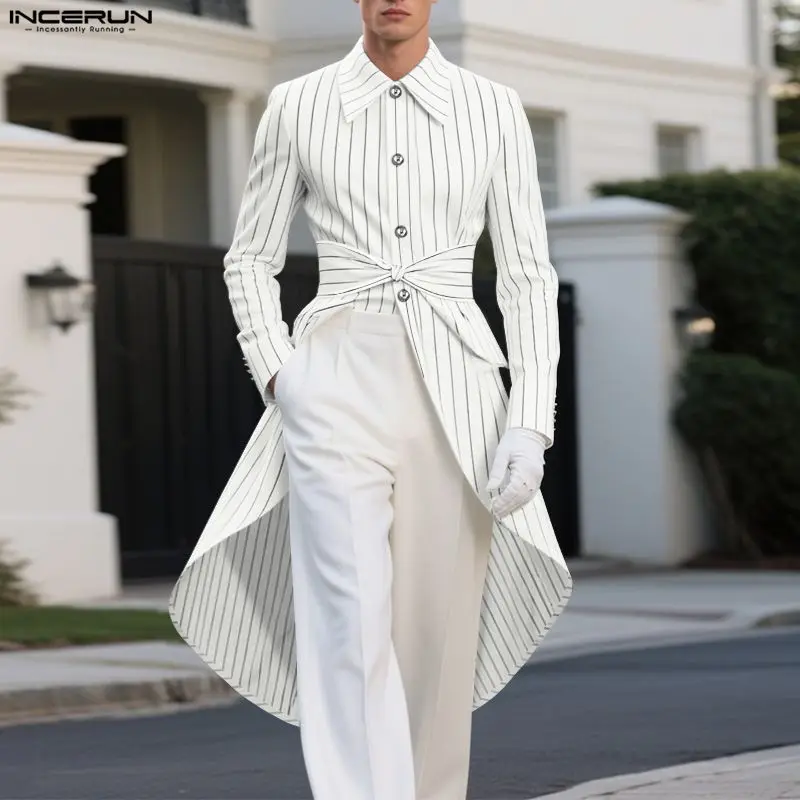 INCERUN, chaqueta a rayas para hombre, solapa, manga larga, botón, chaqueta Irregular informal, ropa de calle para hombre, traje elegante de estilo largo a la moda para hombre