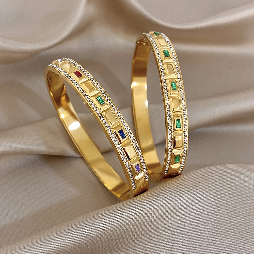 Greatera Vintage Buntes Strass-Intarsien-Manschettenarmband aus Edelstahl mit Charme, vergoldetes Design, vielseitiger Armreif für Damen, Geschenk