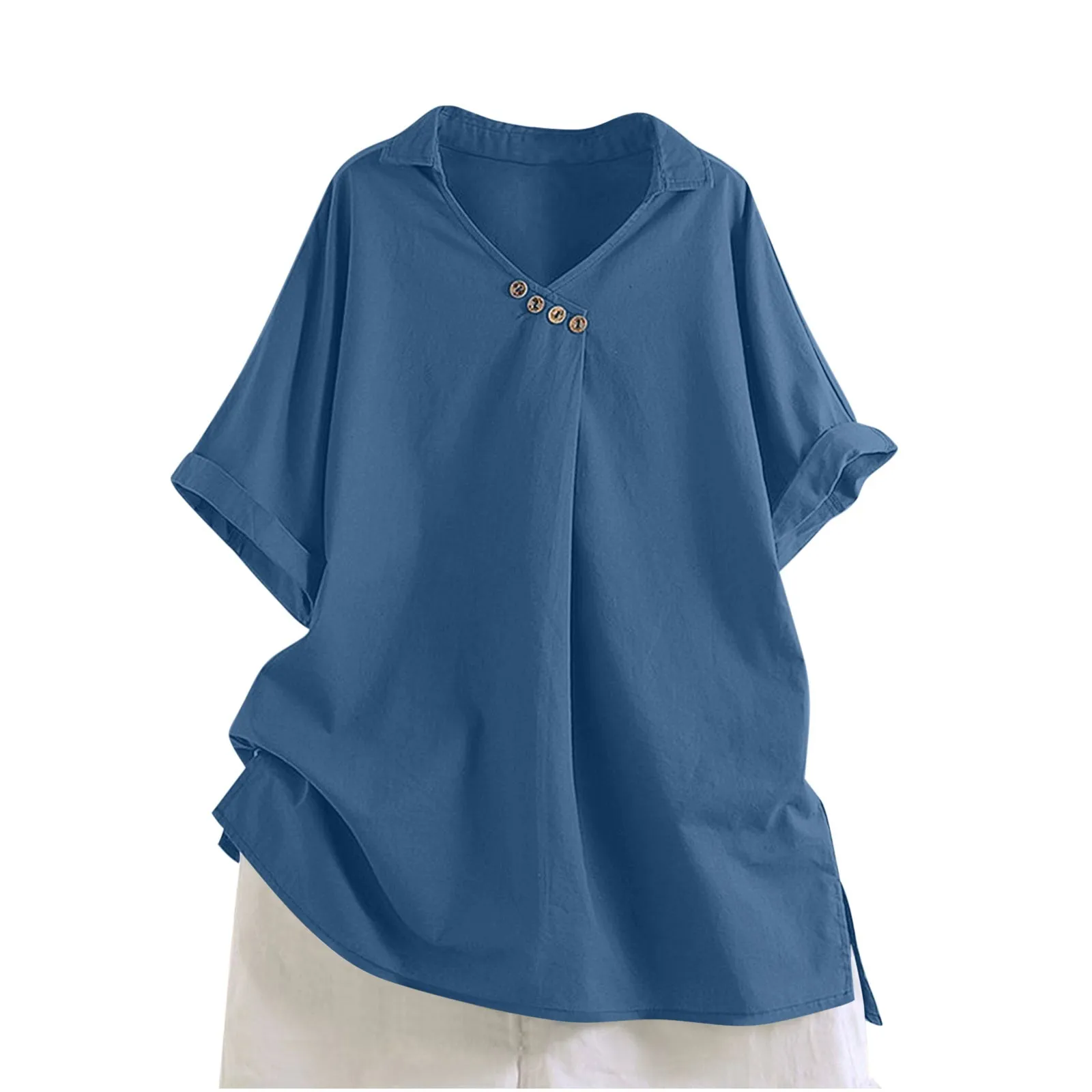

2025 Polo Shirts Woman New Cotton Linen Solid Colour Short Sleeve Shirt V-Neck With Buttons Loose Shirt Solid Clothing Female