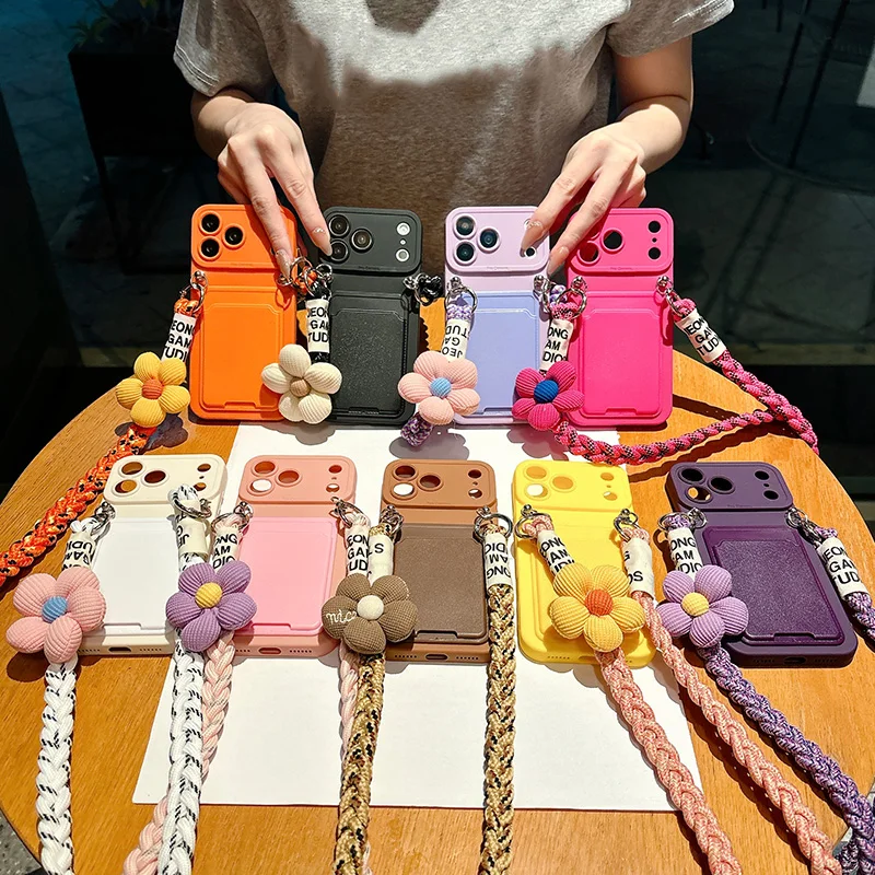 Funda cruzada con tarjetero y cordón para iPhone 17 Pro Max 16 15 14 13 12 11, cubierta trasera de silicona