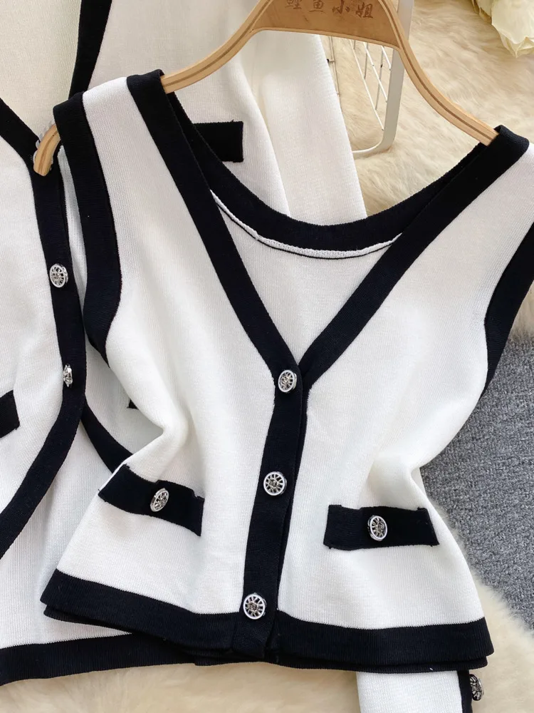 Sexy Fashion Knitted Suit Women\'s Summer New High Quality Ins Korean Style Cardigan+Vest+Skirt Design Sense Slim-Fit 3-Piece Set