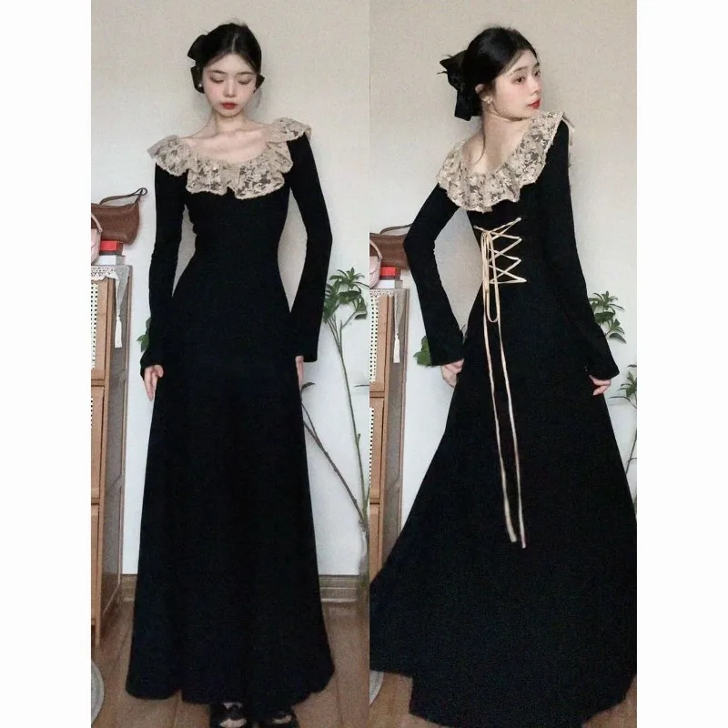 

Новое длинное платье в стиле французской Хепберн с длинными рукавами, осенне-зимнее, вязаное, облегающее, с кружевом, элегантное, черное, модное, женское.