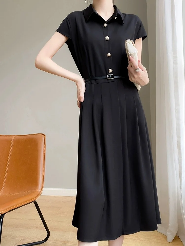 엘레 칼라 새틴 드레스 여성 여름 슬림핏 오트 슬리브 롱 루즈핏 다용도 미드 웨이스트 A라인 드레스 버튼 디테일