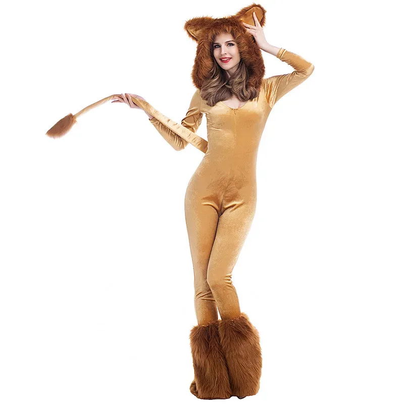 

Animal Cartoon Plush Hooded Jumpsuit Tail with Leg Cover Halloween Carnival Cosplay Costume For Adult Women Lion fk;f';4