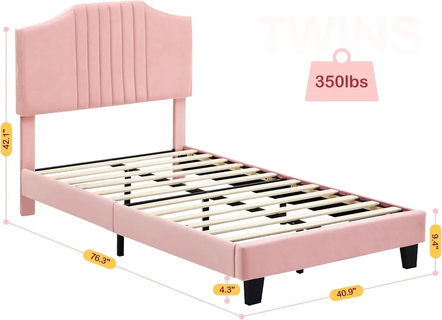 Twin Bed Frame, Velvet Upholstered Platform Bed Frame with Headboard, Wooden Slats Support, Velvet Fabric Anti Slip and Noise