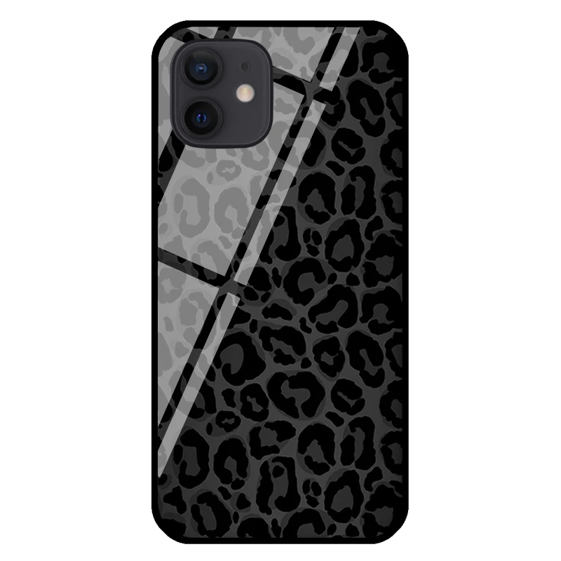 Black Leopard Print Cheetah Pattern Tempered Glass Case For iPhone 14 11 Pro Max XS 12 13 mini SE 6S 7 8 Plus X XR Shell Cover