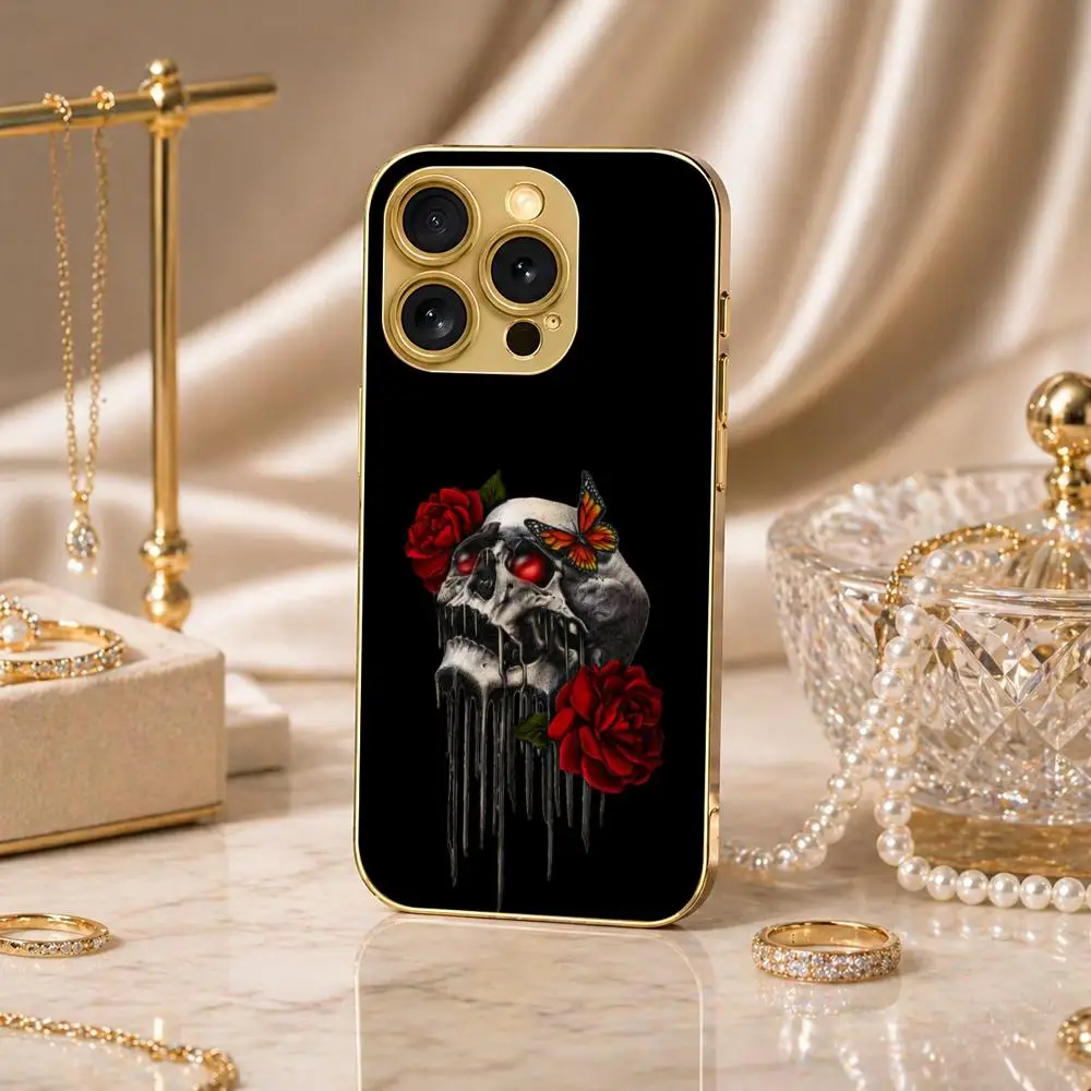 

Skull - Rose Lover Phone Case Gold-tone glass phone case for iPhone 17/16/15/14/11/12/13 Pro Max