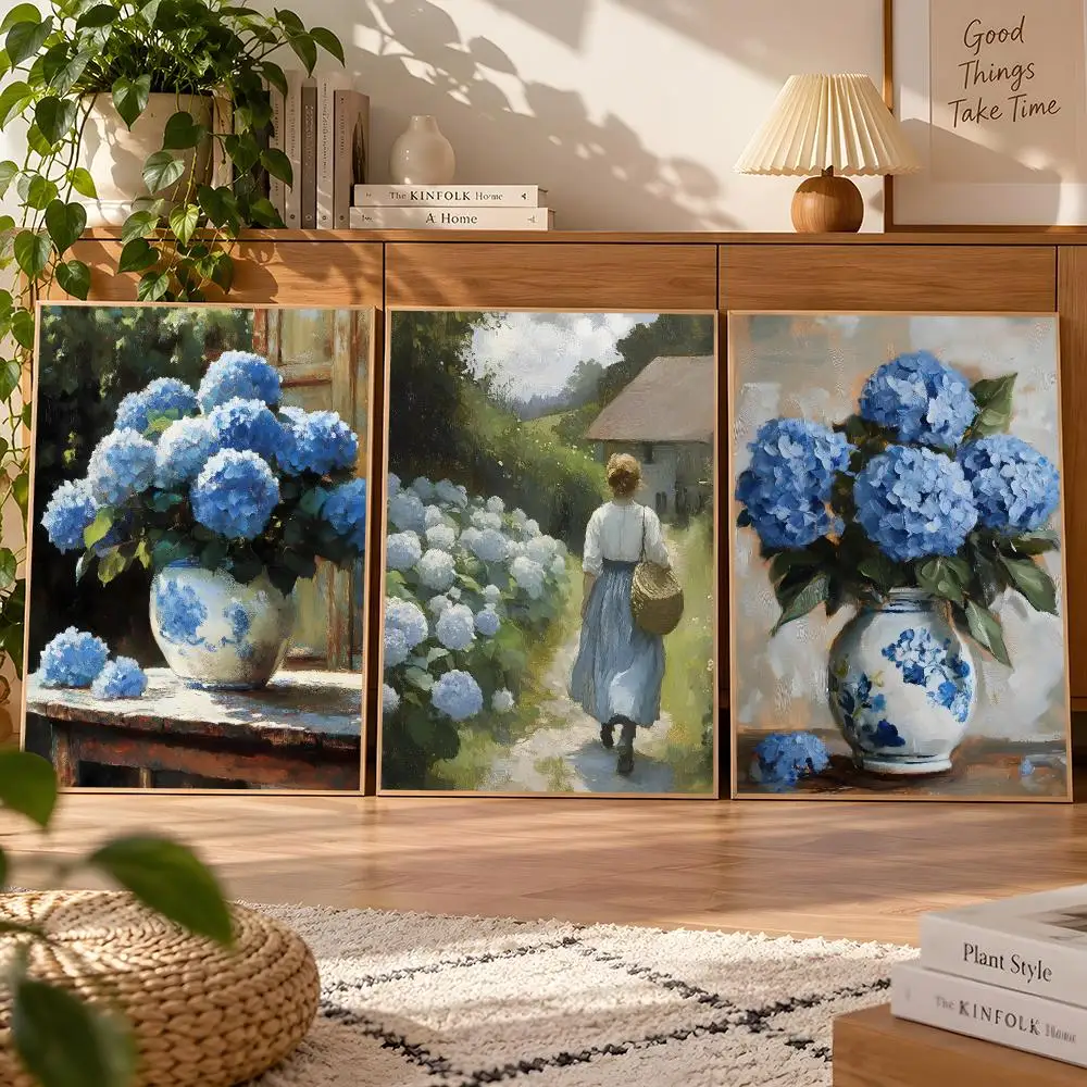 Romantic Vintage Floral Hydrangea French Country Style Poster Matte Self Adhesive Wall Art Waterproof Room Decoration Bedroom
