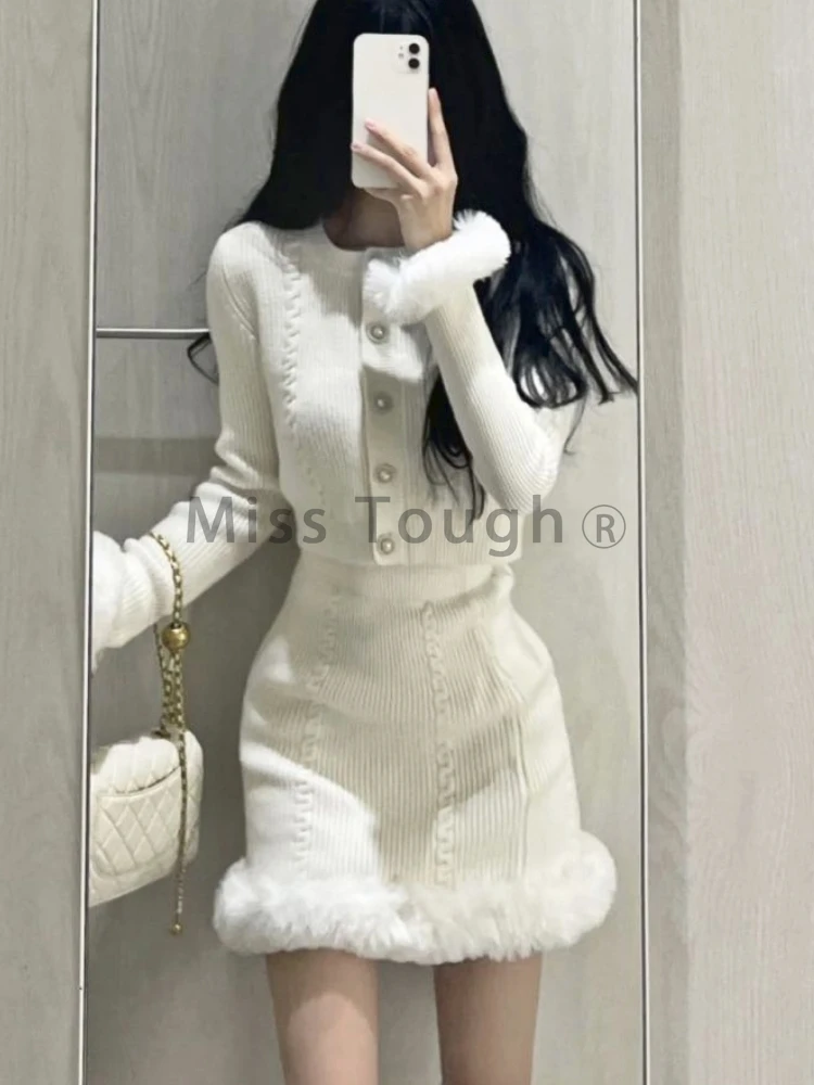 Bianco dolce Kawaii due pezzi Set donna coreano Fashion Party minigonna Set femminile Vintage elegante gonna sottile vestito 2023 autunno