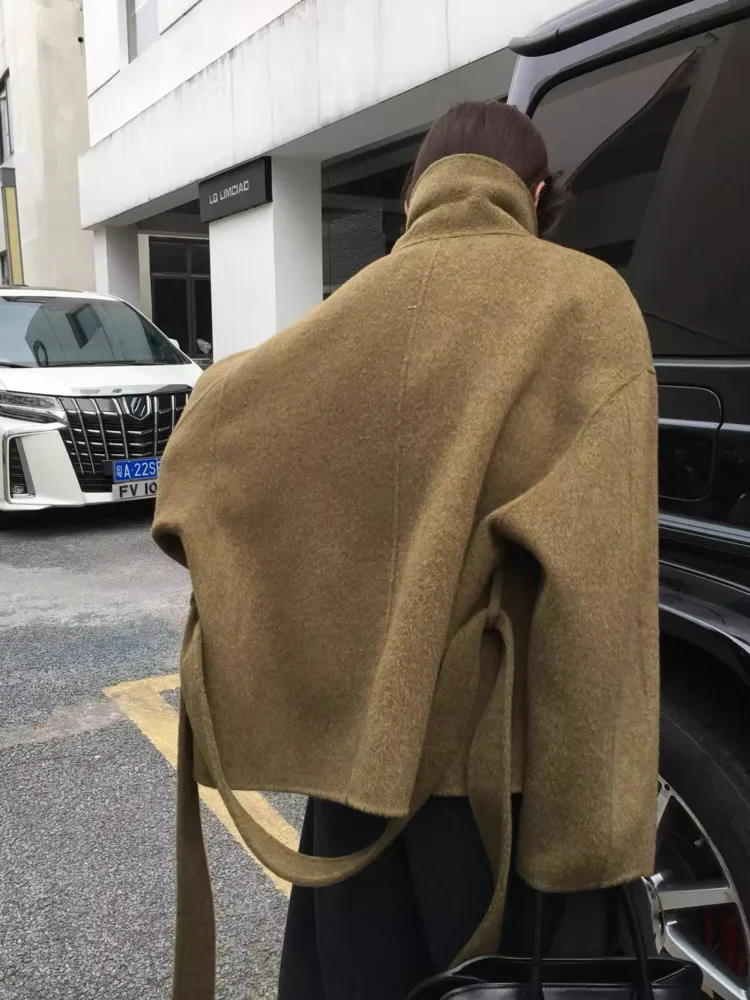 DFDG 2025 Fall Winter Women’s Handmade Wool Coat Double-Faced Belted Cropped Jacket Oversized Stand Collar Designer Outerwear