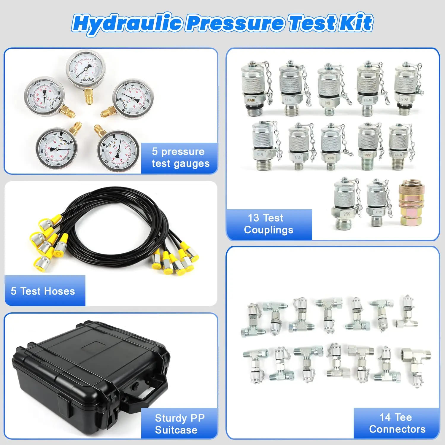 Hydraulic Pressure Test Kit with 5 Gauges 13 Couplings 14 Tee Connectors Pressure Gauge Kit for CAT, CASE, John Deere Excavator