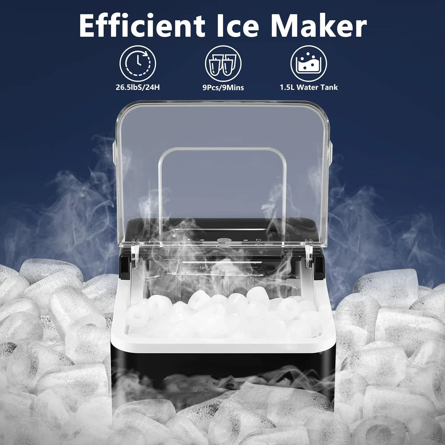 Eficiente auto-limpeza Ice Maker com Ice Scoop e Basket, Countertop Ice Makers, 9 Ice Ready em 6 Mins a 8 Mins, 26.5 lbs/24 Horas Ice M