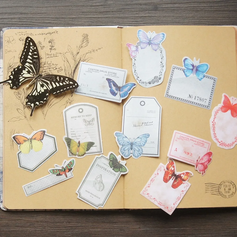 44pcs Four Seasons Butterfly Message Frame Design Paper Stickers Scrapbooking DIY Gift Packing Decoration Tag