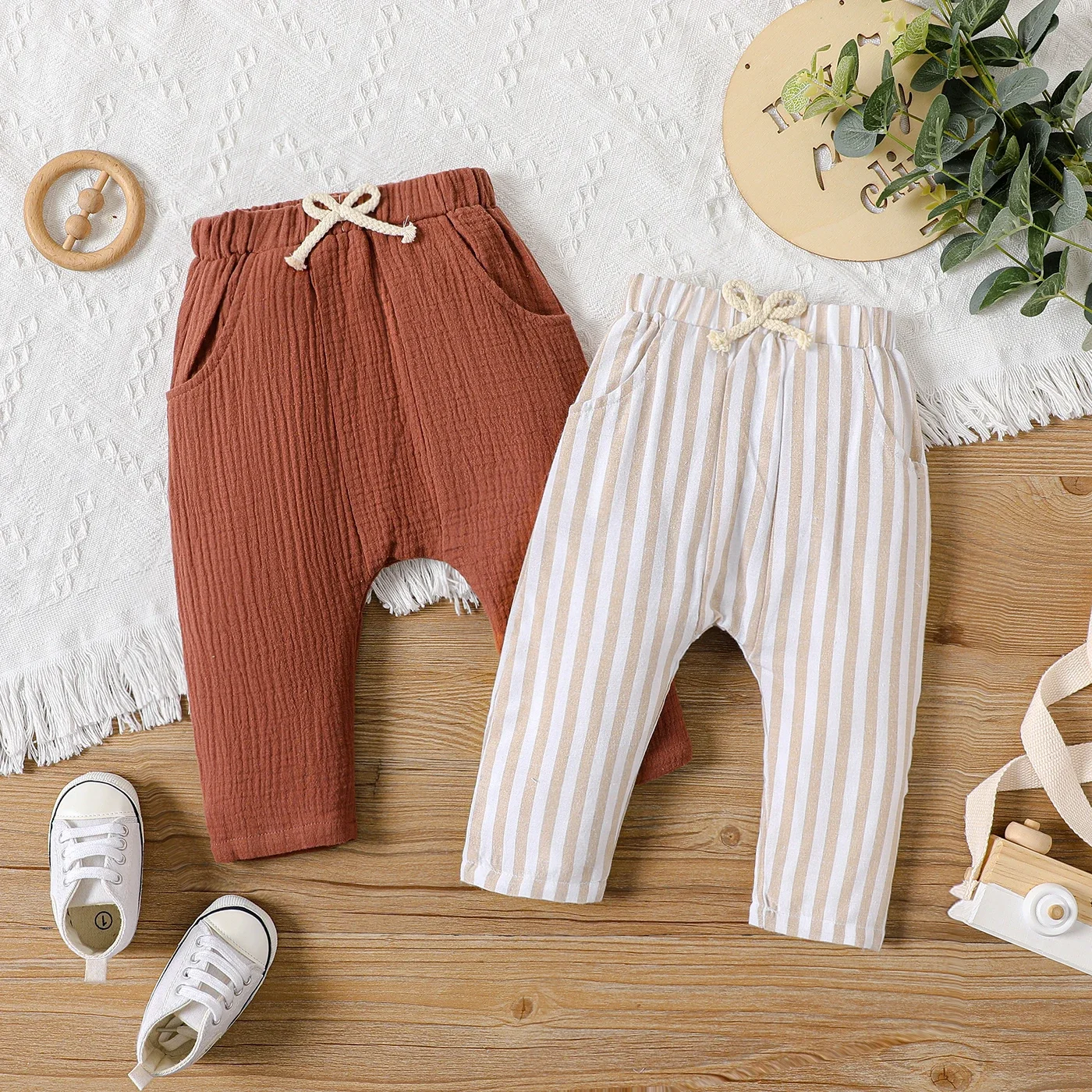 PatPat Baby Boy/Girl Crepe Brown/Khaki Striped Elasticized Waist Harem Pants Suitable for Summer Season Perfect for Outings