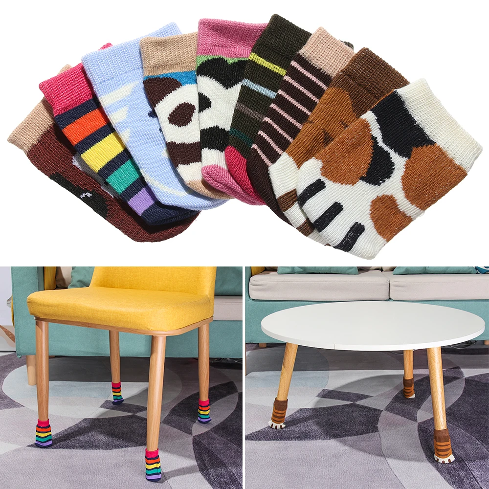 4Pcs Cartoon Table Foot Socks Chair Leg Covers Floor Protectors Non-Slip Knitting Socks For Furniture Cartoon Home Decor