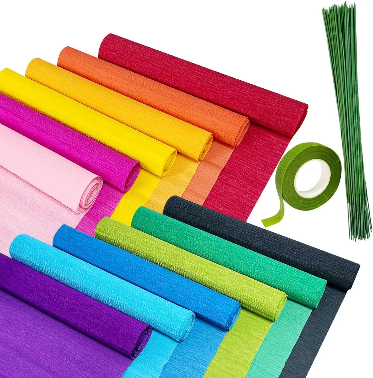 

12-Roll Crepe Paper Flower DIY Kit with Floral Tape & 50 Wires for Wedding Party Wreath Making