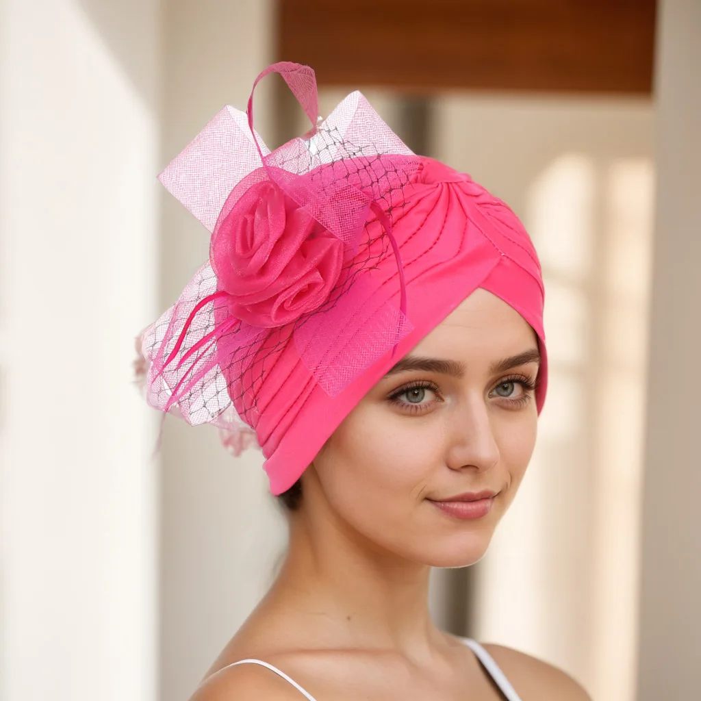 

Африканский женский сетчатый тюрбан с цветком, мусульманский хиджаб, аксессуары для свадебной вечеринки, шляпа, платок, химиотерапия, повязка на голову от выпадения волос, чехол