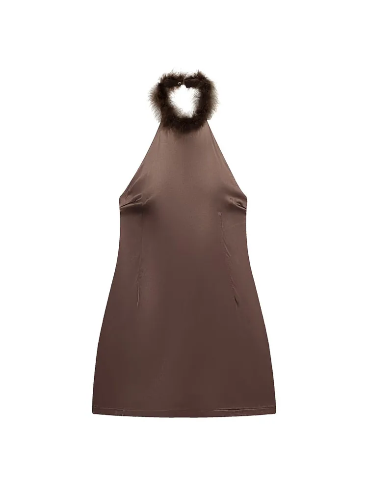 

HH Woman Summer Fashion Feather Decoration Halter Neck Sleeveless Sexy Backless Short Dress Female Slim Fit Elegant Party Dress