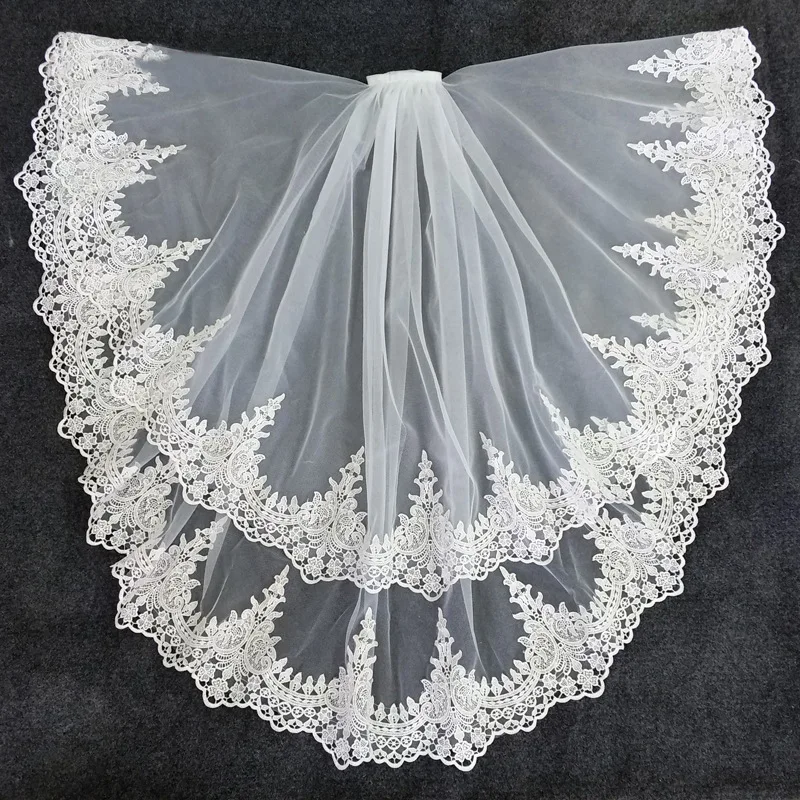 

White Short Double Layer Bridal Wedding Head Heavy Embroidery Veils