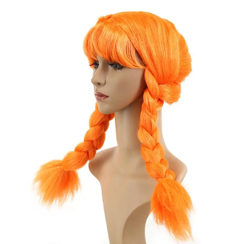 Orange Braid Wig Halloween Cosplay Hair Women’s Orange Double Braid Wig with Bangs Heat Resistant Synthetic Fluffy Wig Cosplay